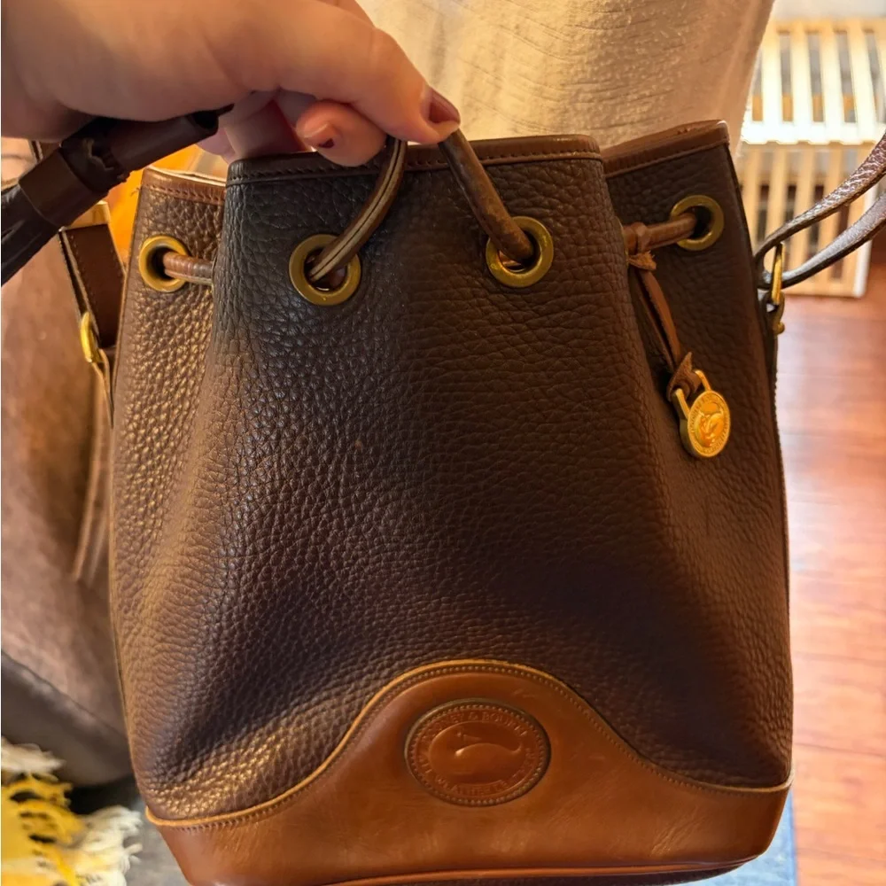 Vintage Dooney & Bourke Brown Pebbled Leather Bucket Bag